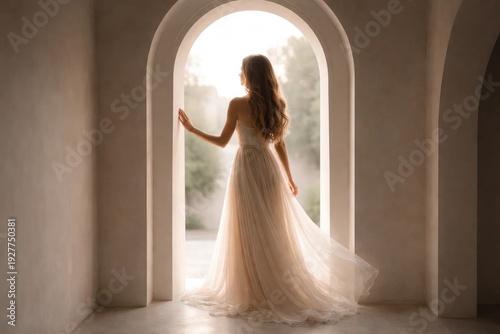 A woman in a wedding dress stands at an arched doorway, looking out towards a distant landscape. It’s set in a historic building with textured walls and pillars.