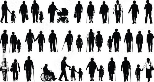 People, silhouette, collection, family, children, walking, elderly, wheelchair, parent, child, stroller, outdoor, activity, lifestyle, set, flavector, vector, illustration, community, group,