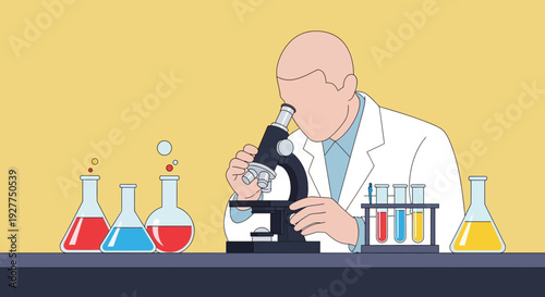 Cartoon Scientist Examining Sample Under Microscope in a Bright Lab with Colorful Flasks and Test Tubes on a Dark Table