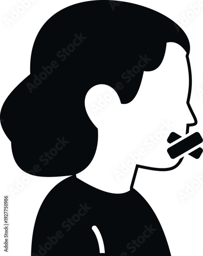 Profile silhouette of a person with tape covering their mouth, symbolizing censorship and limited speech
