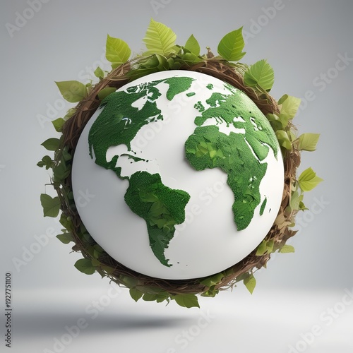 3D Earth with recycling symbol made of leaves around globe, environmental conservation concept, clean white background