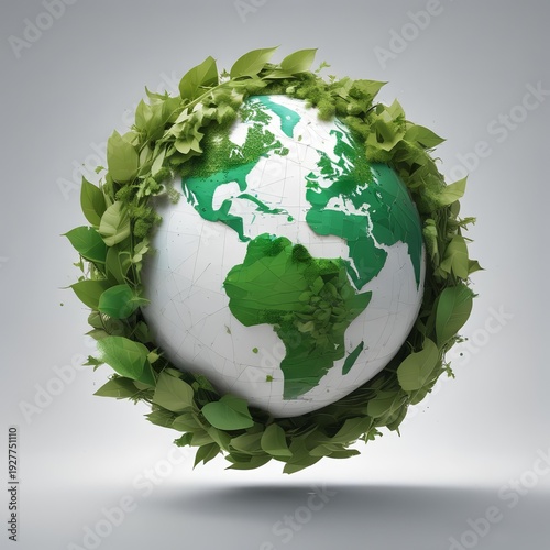 3D Earth with recycling symbol made of leaves around globe, environmental conservation concept, clean white background