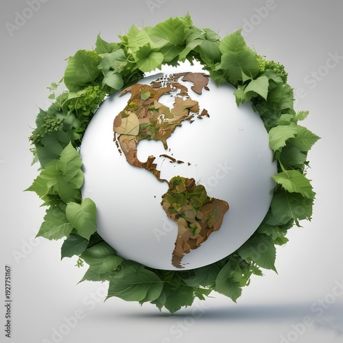 3D Earth with recycling symbol made of leaves around globe, environmental conservation concept, clean white background