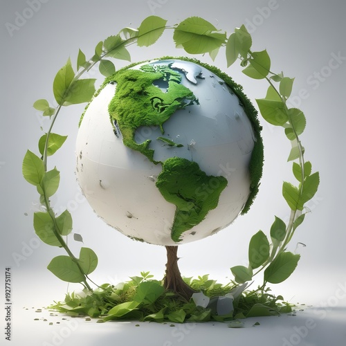 3D Earth with recycling symbol made of leaves around globe, environmental conservation concept, clean white background