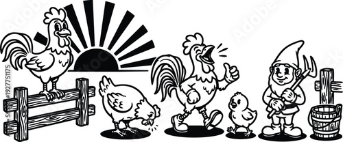 Retro cartoon line art rooster crowing on fence hen pecking chick following gnome farmer with pitchfork sunrise farm scene cheerful