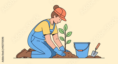 Cartoon Man Planting Tree with Bucket and Shovel in Sunny Gardening Dirt Scene