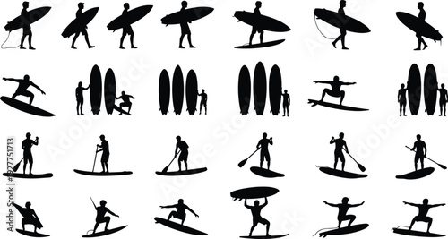 Surfer, silhouette, surfing, collection, man, board, water, sport, summer, beach, wave, ocean, lifestyle, activity, paddle, board, flavector, vector, illustration, silhouette,
