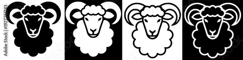 Simple White Ram Head Illustration Set on Black Background - Animal Iconography