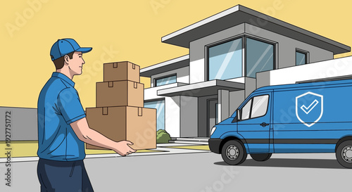 Delivery person holds package outside modern house, van parked, cartoon illustration in bright yellow background