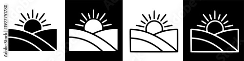 Minimalist graphic icon depicting a beautiful sunrise or sunset over rolling fields
