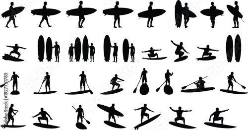 Surfer, silhouette, surfing, collection, man, board, water, sport, summer, beach, wave, ocean, lifestyle, activity, stand, up, paddle, flavector, vector, illustration,