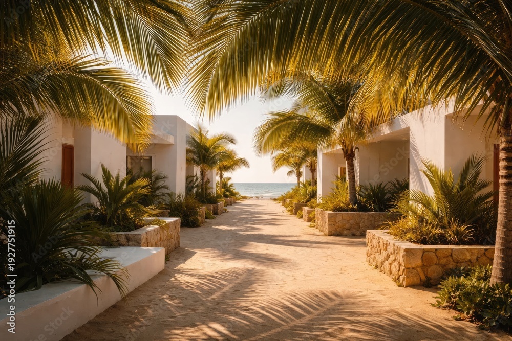 Fototapeta premium A tropical resort pathway leads to the beach, bathed in warm sunlight.