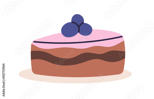 Chocolate cake slice with berry topping, icing, blueberry decoration. Choco cream pastry dessert with bilberry. Sweet confectionery, patisserie. Flat vector illustration isolated on white background