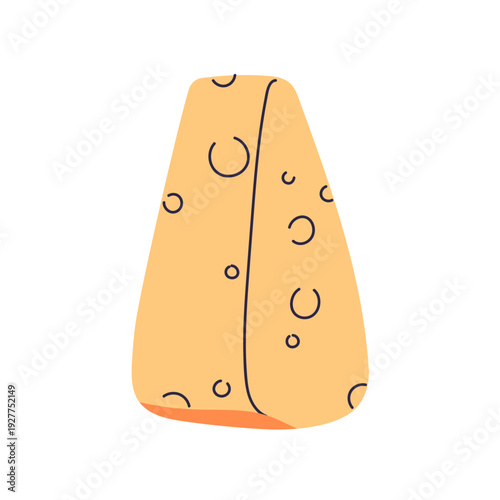 Swiss cheese, triangle shape, cut wedge piece. Emmental bar, chunk with holes, eyes. Holland snack. Chees block. Dairy food product. Flat vector illustration isolated on white background