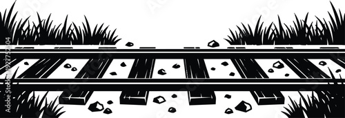 Minimalist vector art low angle railroad track close up with wooden sleepers stones grass silhouette bold contrast monochrome graphic illustration