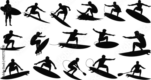 Surfer, surfing, silhouette, man, board, water, sport, summer, beach, wave, ocean, lifestyle, activity, skateboard, skating, flavector, vector, illustration, collection, set,