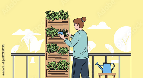 Woman Waters Vertical Garden on Balcony with Blue Watering Can