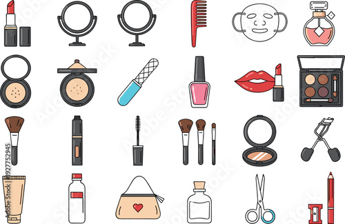 Makeup and Beauty Cosmetics Vector Set with Lipstick, Mirror, Nail Polish, Mascara, Brush, Perfume, Eyeshadow Palette, and Skincare Products