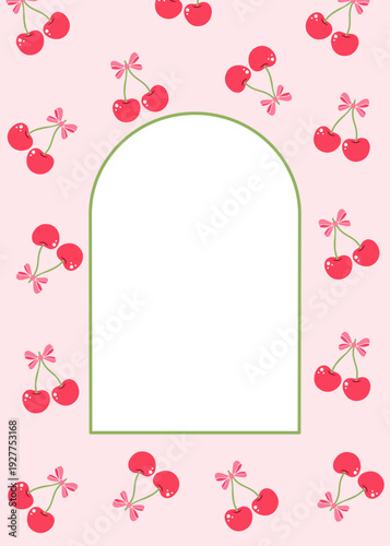 Cherry frame template on a pastel background. Romantic vertical border for invitations and cards.