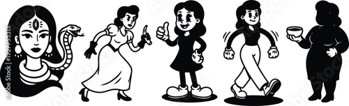 Retro cartoon lineup of five female characters including snake goddess accusing woman thumbs up girl walking woman plus size woman