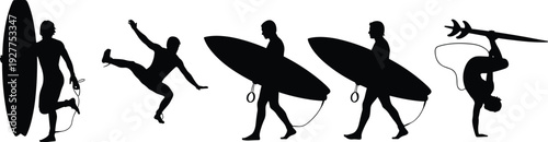 Surfer, surfing, silhouette, man, board, water, sport, summer, beach, wave, ocean, lifestyle, activity, skateboard, skate, flavector, vector, illustration, collection, set,