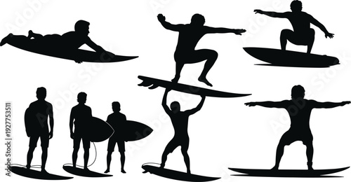 Surfer, surfing, silhouette, man, board, water, sport, summer, beach, wave, ocean, lifestyle, activity, skateboard, skating, flavector, vector, illustration, collection, set,