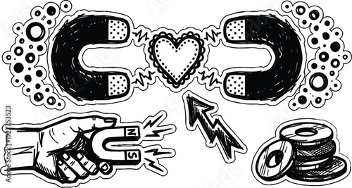 Tattoo flash hand drawn magnets attracting heart and coins hand holding horseshoe magnet close up sketch sticker style black vector