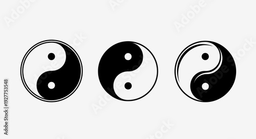 Set of Yin Yang symbol variations in minimalist black and white vector style.