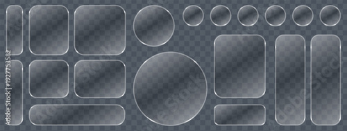 Liquid glass button interface, light frame banner set, futuristic glass tech light PNG, mobile web glow frame banners, board panel vector set.