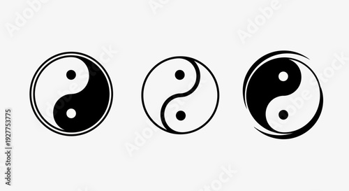 Set of Yin Yang symbol variations in minimalist black and white vector style.