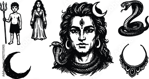 Tattoo flash close up portrait of shiva with crescent moon third eye cobra necklace looking forward bold detailed ink lines