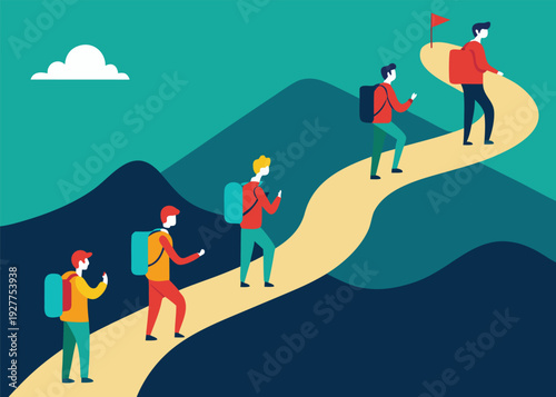 A diverse group of people with backpacks hikes up a winding path towards a flag on a hill.