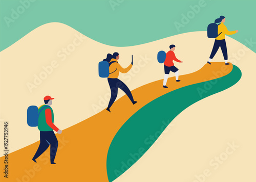 A diverse group of people with backpacks hikes up a winding path on a hill in nature.