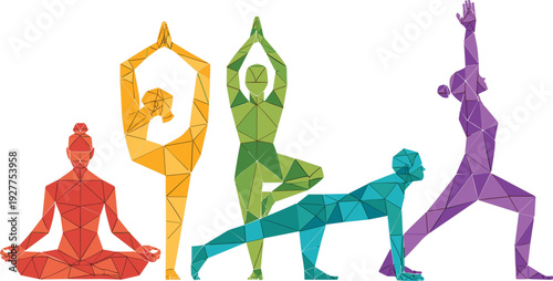 Low poly yoga sequence illustration, colorful geometric meditation and fitness poses set