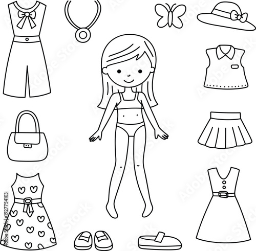 Paper doll dress up illustration with clothing, accessories and cute outfits