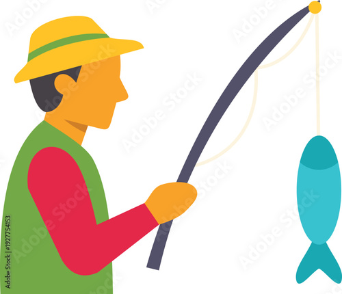 Colorful illustration of a fisherman holding a fishing rod with a fish just caught