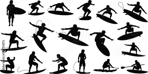Surfer, surfing, silhouette, man, board, water, sport, summer, beach, wave, ocean, lifestyle, activity, skateboard, skate, flavector, vector, illustration, collection, set,