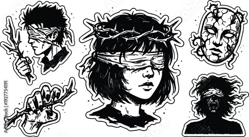 Tattoo flash blindfolded woman with crown of thorns holding thorn branch cracked mask profile sticker set bold black ink graphic