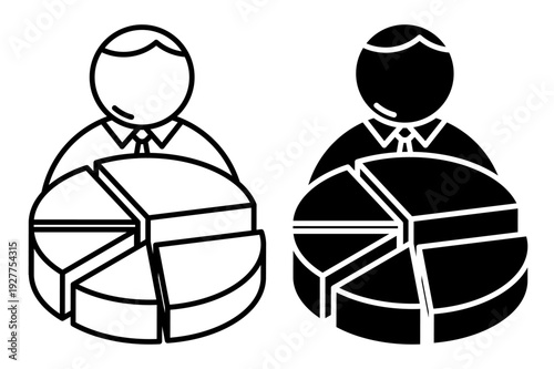 Linear isometric icon. Investor calculates income, expenses, and profit from investments in form of pie chart. Simple vector isolated on white background