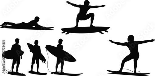 Surfer, surfing, silhouette, man, board, water, sport, summer, beach, wave, ocean, lifestyle, activity, stand, up, paddle, flavector, vector, illustration, collection,