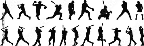 Large collection of black silhouettes featuring male and female baseball players batting pitching and catching in active sports poses isolated on white background for design
