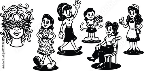 Retro cartoon group of women in vintage outfits showing blindfolded face walking waving holding flowers sitting and giving thumbs up