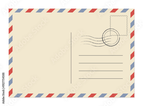 Backside of postcard with mail stamp template. Vector Airmail with retro border stripes