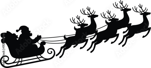 Santa Claus sleigh silhouette with flying reindeer, Christmas festive illustration design