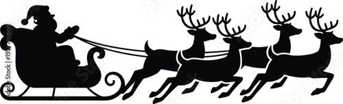Santa Claus sleigh silhouette with reindeer team, Christmas holiday festive illustration