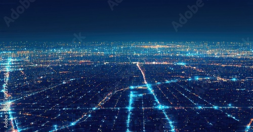 Night cityscape glows with vibrant blue network. Lights connect distant points, creating futuristic impression. Dense urban sprawl visible.