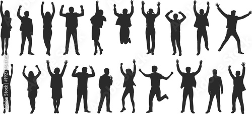 Large collection of black silhouettes featuring business men and women jumping and cheering with raised arms celebrating corporate success and achievement isolated on white background