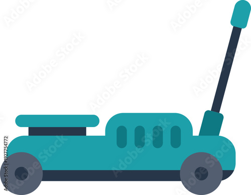 Simple flat style illustration of a teal lawn mower used for garden and yard maintenance