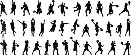 Large collection of black silhouettes featuring male basketball players jumping dunking dribbling and shooting the ball in various active sports poses isolated on white background
