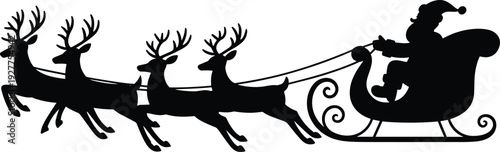 Santa Claus sleigh silhouette with reindeer, Christmas festive holiday illustration